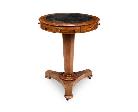 AN EARLY VICTORIAN MAHOGANY DRUM OCCASIONAL TABLE   CIRCA 1840    With a dark green leather-lined top above three frieze draw