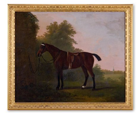 CIRCLE OF JOHN BOULTBEE (BRITISH 1753-1812)  A TETHERED HUNTER OUTSIDE A STABLE  Oil on canvas  62 x 75cm (24¼ x 29½ in.)    