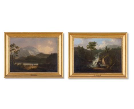JOHN RATHBONE (BRITISH 1750-1807) A ROCKY WOODED LANDSCAPE WITH A CASCADE; AND A MOUNTAINOUS WOODED LAKE LANDSCAPE, WITH FIGU