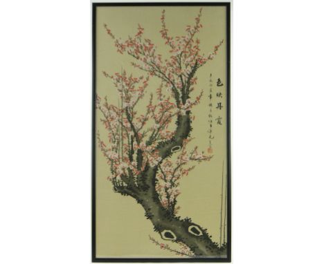 Chinese School,
watercolour on silk, blossom tree with text inscription and seal, 44" x 23" and another Chinese watercolour, 