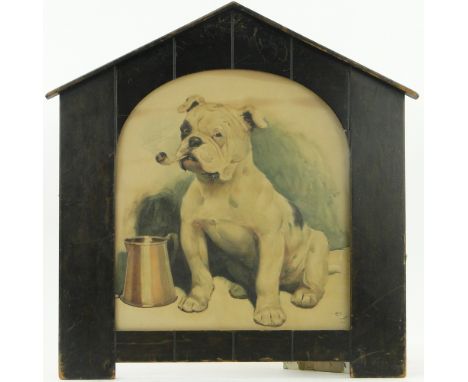 Cecil Aldin,
coloured print, study of a bulldog 1902, 17" x 15" mounted in stained wood dog kennel design frame.