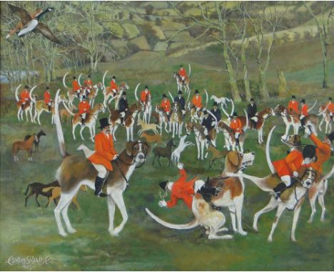 Edwin Swaine,
oil on board, hunting scene, signed, 21" x 25", framed.