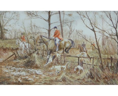 Terry Harrison,
watercolour, hunting scene, signed, 13" x 20", framed.