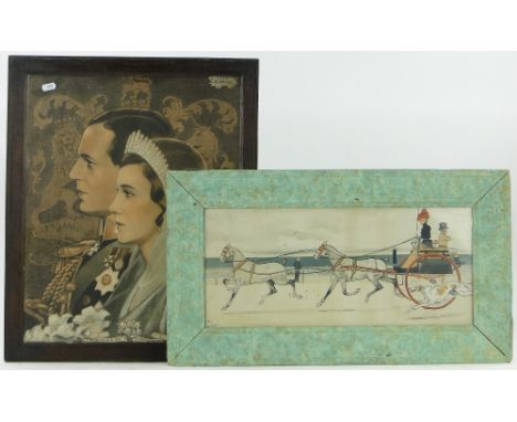 Cecil Aldin,
colour print, horsedrawn carriage on a promenade, 8.5" x 20", together with a Chinese watercolour, Samurai Warri
