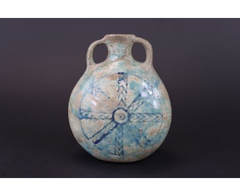 An Islamic Blue-glazed Painted Handled Jar, 14th-17th Century   H:15cm  Relatively in good condition   Collection of Gabriele
