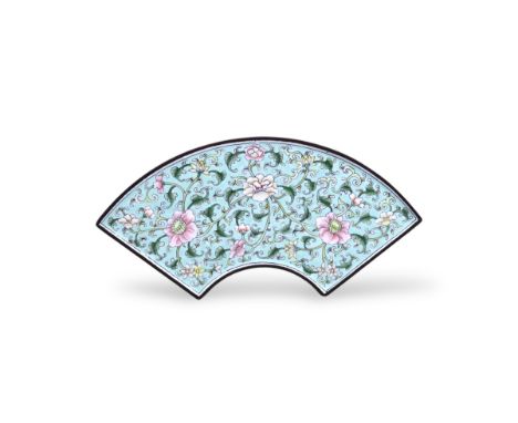decorated overall in  famille rose  enamel with a floral scroll on a turquoise field, peach and bat mark to base, W:20cm.  Go