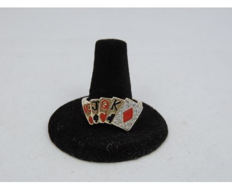 A 10K Gold Ring Set with Diamonds and Enamelled in the form of Playing Cards Forming a 10, Jack, Queen, King - Ace flush - si