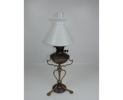 Copper and Brass Oil Lamp Base with Chimney and Milk Glass Globe - 26" Tall 