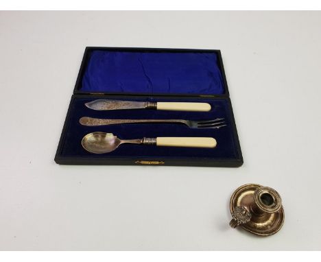 Small Silver Candlestick and Cased Cutlery 