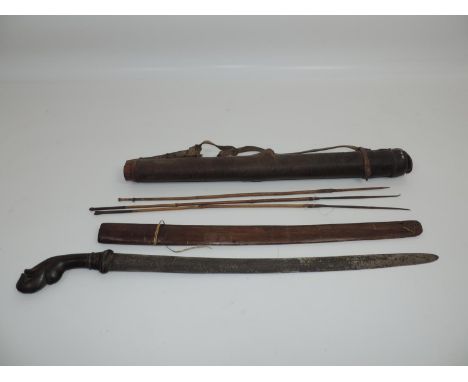 Tribal Sword in Scabbard and Tribal Arrows in Hyde Covered Quiver 