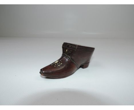 Georgian Snuff Box in the Form of a Shoe with Brass Pique Work and Sliding Lid 