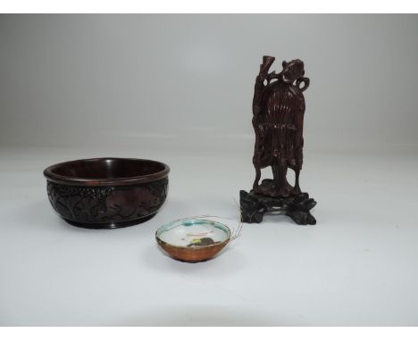 Oriental Wood Carved Ornament, Bowl and Ceramic Pin Dish 