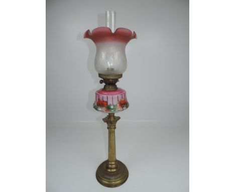 Brass Oil Lamp  with Glass Globe and Chimney - 31" Tall 