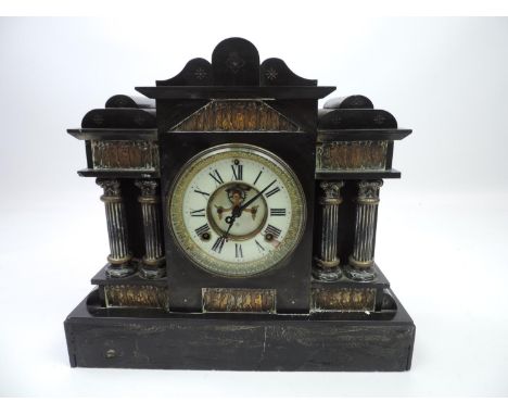 Slate Mantel Clock with Applied Brass Decoration 