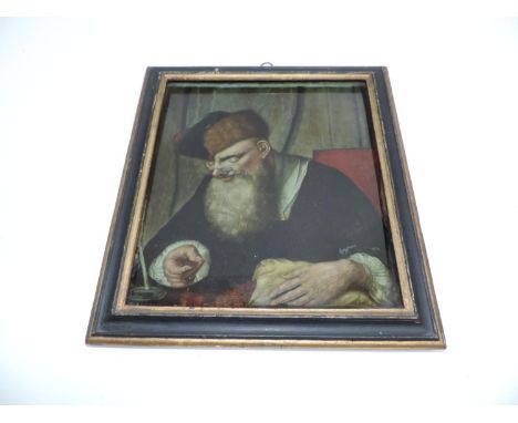 Framed Portrait of a Man Counting Guineas -  Verre Eglomisé - Reverse Painted on to Glass 