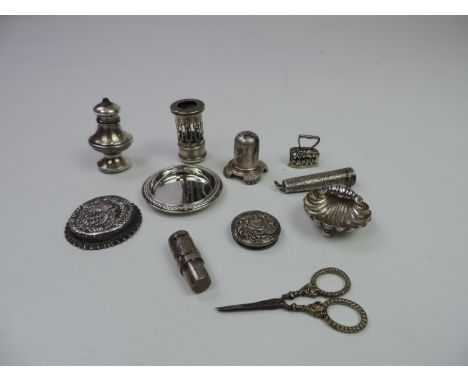 A Collection of Small Silver Items including a Cheroot Case, Shell Salt Dish, Salt and Pepper Pot, Perfume Bottle, 2x Trinket