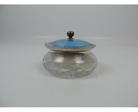 Guilloche Enamel Lidded Cut Glass Powder Pot 