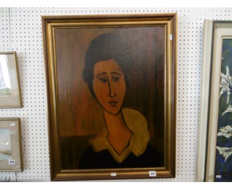 A GILT FRAMED OIL ON CANVAS PORTRAIT OF A LADY AFTER AMEDEO MODIGLIANI, POSSIBLE BY FAMOUS ART FORGER ELMYR DE HORY 