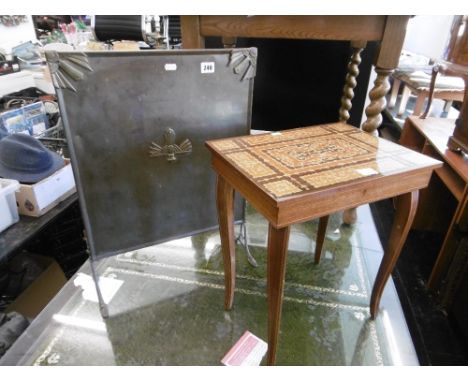 AN ART DECO BRASS FIRE SCREEN AND MUSICAL SORRENTO WARE TABLE