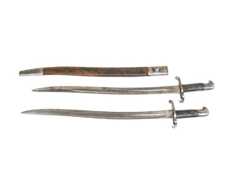A British 1856 Pattern Yataghan Sword Bayonet, with 57.5cm fullered steel blade, steel hilt with chequered black leather grip