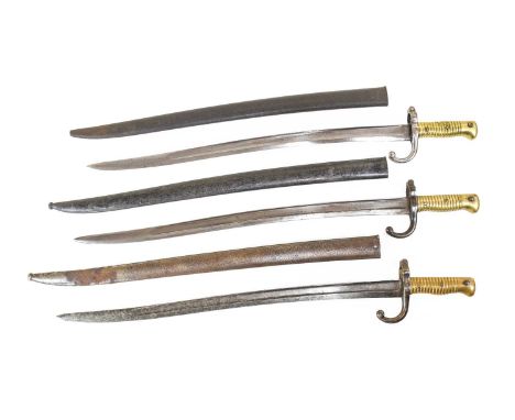 Three French M1866 Chassepot Yataghan Sword Bayonets, two faintly engraved with armoury marks to the back edge, each with rib