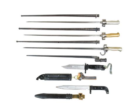 A Russian M1891/30 Moisin Nagant Bayonet, with cruciform steel blade, lacks scabbard; a Russian AK47 Bayonet, with blued stee