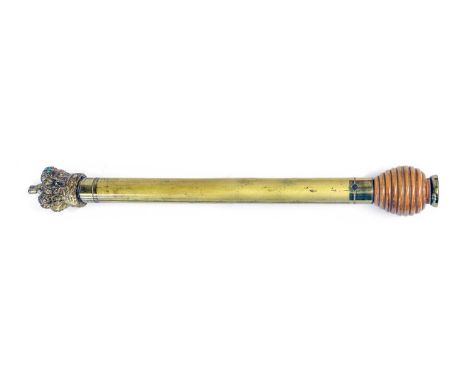 A Victorian Gilt Brass Tipstaff, with Queen Victoria crown finial, cylindrical body lacking its original covering, with ring 