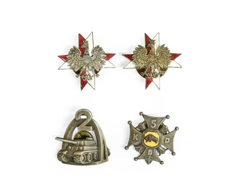 Four Second World War Polish Badges, comprising a 2nd Warsaw Armoured Division white metal badge, two 1 Krechowiecki Lancers 