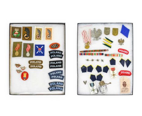 Two Glazed Displays of Second World War Polish Badges and Insignia, including embroidered POLISH shoulder titles, a Polish Vo