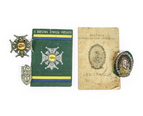 A Pre-Second World War Polish Border Protection Corps Badge, in silver plated brass and enamel, with screw fixing post, toget
