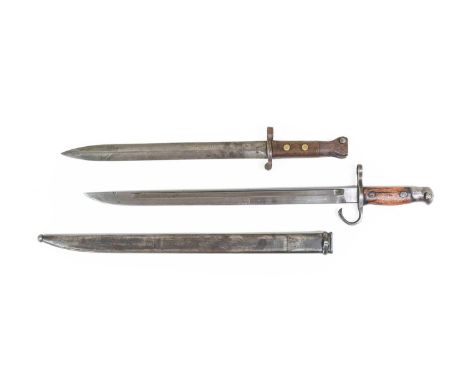 A British 1888 Pattern Mk.I Bayonet, the wood grip scales with two brass rivets, lacks scabbard; a Japanese Arisaka Type 30 B