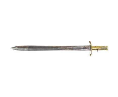 A Rare British 1847 Pattern Brunswick Sword Bayonet, each side of the 55cm double edge steel blade with a central fuller runn