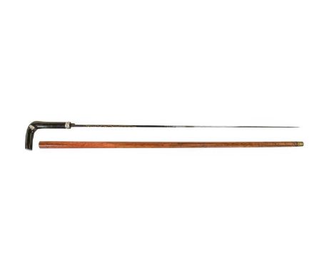An Edwardian Malacca Swordstick, the 68cm triangular section steel blade half blued and gilt with tendrils, with silver plate