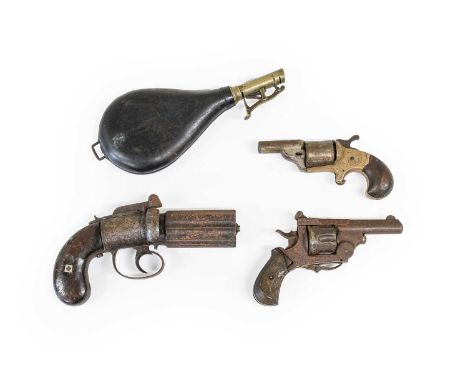 A 19th Century Five Shot Percussion Pepperbox Revolver, with 7.5cm cylinder, walnut grip scales, 22cm, af; a US Six Shot Rimf