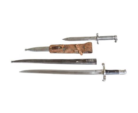 A Portugese Kropatschek Model 1885 Sword Bayonet, the 47cm fullered blade engraved Steyr 1886 on the back edge, with two piec
