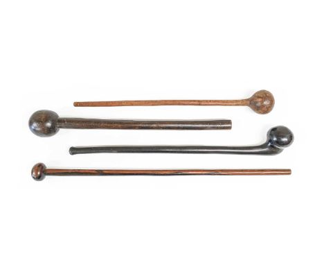 A Maasai Ebony Rungu (Throwing Club), with slightly offset globular head on a cylindrical haft, 58cm; a Zulu Knobkerrie, with
