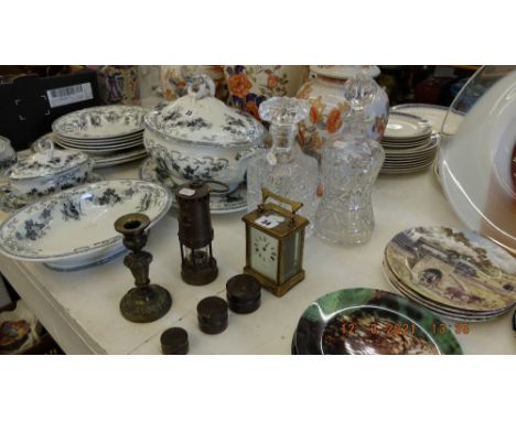A qty of assorted odds etc. inc. brass, carriage clock and a Miners lamp
