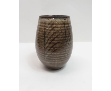 A David Leach studio pottery ribbed vase, of ovoid form, 16cm high