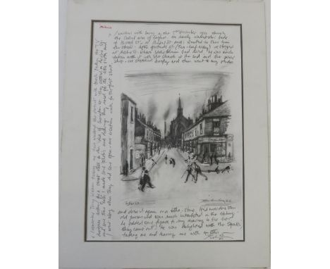 Harold Riley (b1934) - Figures in a street, with story text  I walked with Lowry on 5th December 1960 ......"  Black &amp; wh
