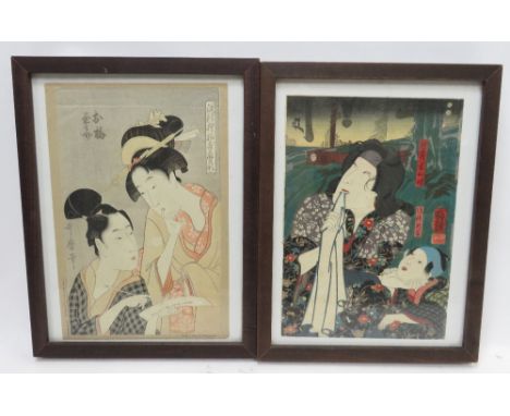 A Japenese block print of a Geisha and Scribe laid on paper,  Printed by Tokyo Asahi Shimbun  Japan" together with another wo
