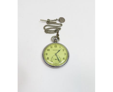 Jaeger Le Coultre, a chrome plated Government or Military issue open faced pocket watch, the white dial with black Arabic num