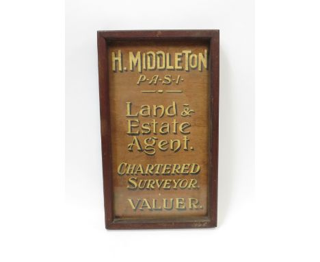 A 20th century wooden plaque “H. Middleton, P-A-S-I, Land &amp; Estate agent, chartered surveyor, Valuer”