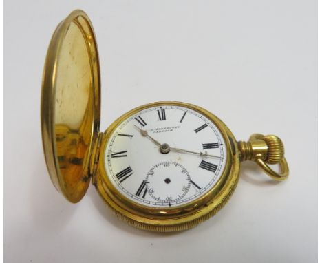 C. B. Smethurst, Cannock, a gold plated hunter pocket watch, the white enamel dial with black Roman numerals, gilt hands, sub