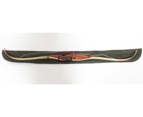 A Les Howis Marksman Forest Ranger Recurve bow, right hand, 66" long, 43lb draw with 28" arrow, together with another Les How