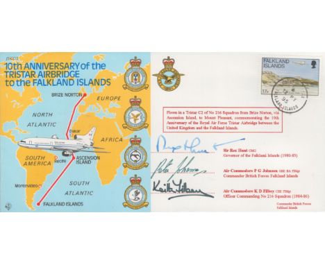 Sir Rex Hunt, Air Commodore P.G Johnson OBE and Air Commodore K D Filbey signed 10th Anniversary of the Tristar Air Bridge to