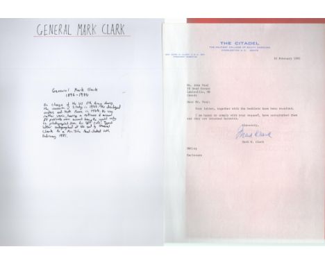 General Mark Clark TLS dated 10/2/1981. Clark was a United States Army officer who saw service during World War I, World War 
