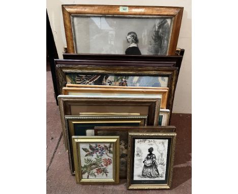 A maple framed print and other pictures etc. 