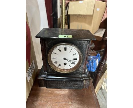 An early 20th century slate cased mantle clock with French brass drum lever movement. 8' high