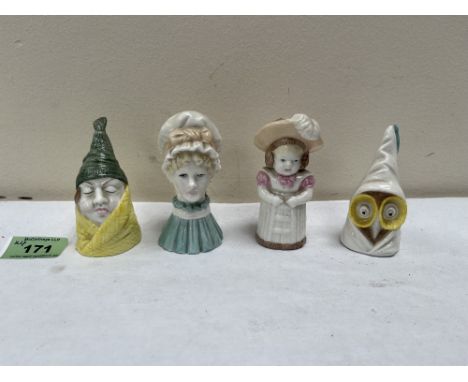 Four Royal Worcester candle snuffers, viz Mrs Caudle; Owl; Mop Cap and Feathered Hat 