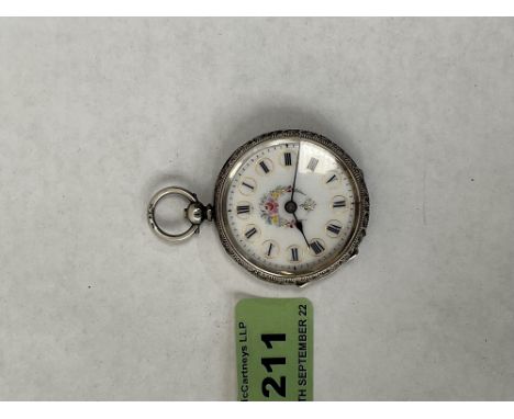 A late 19th century lever fob watch in chased silver case, the enamel dial with Roman numerals and painted with a flower spra